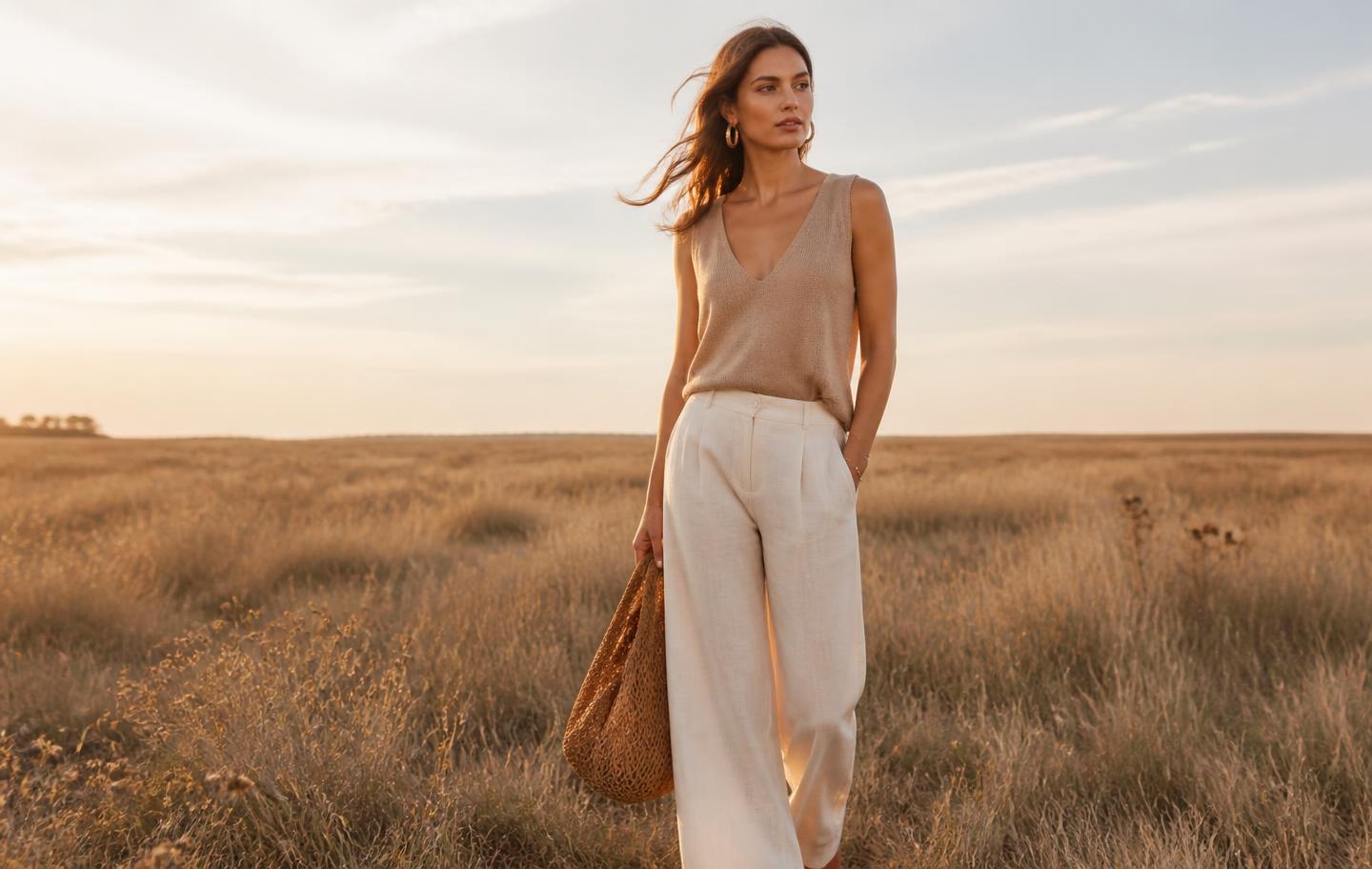 Woman in neutral linen clothing standing in a sunlit field